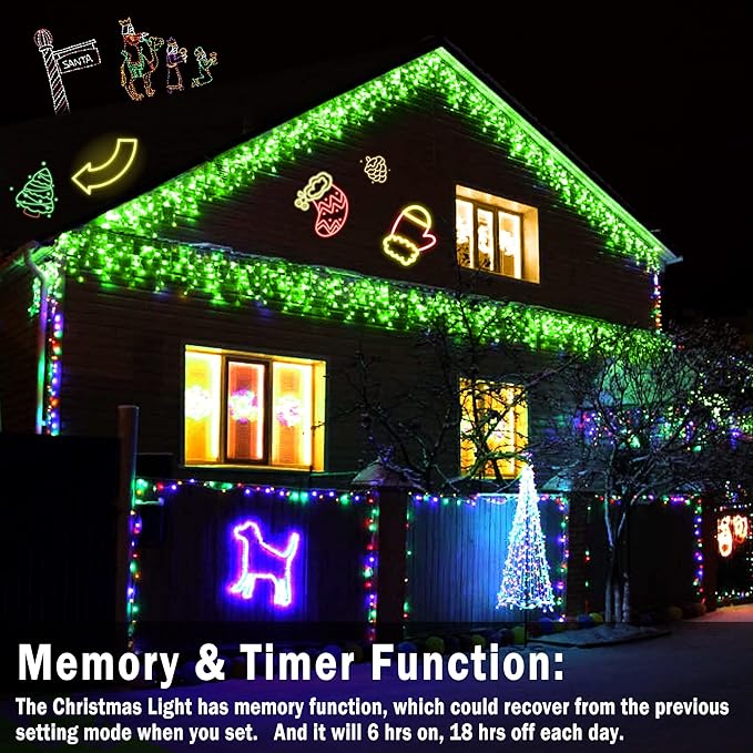 KNONEW 99ft 1216 LED Christmas Lights Outdoor Decorations with 228 Drops, 8 Modes Curtain Fairy Light, Clear Wire LED String Light Decor for Wedding Party Christmas (Green)