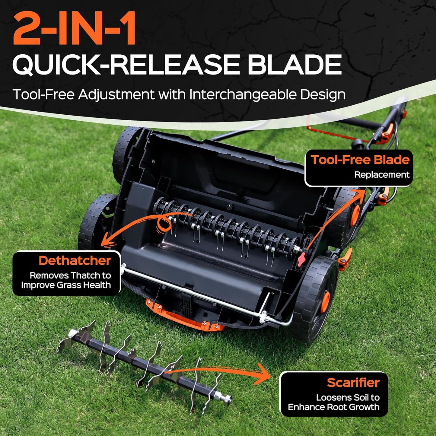 16-Inch 15.5 Amp 2-in-1 Electric Dethatcher and Scarifier with 14.5-Gallon Removable Thatch Collection Bag, Lawn Dethatcher with 5-Position Adjustment, Quick-Fold, Keeps Lawn Healthy - Orange