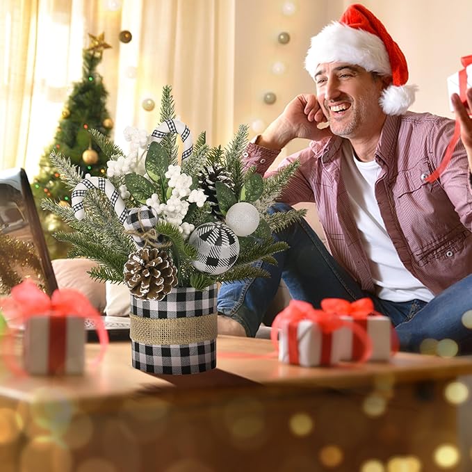 Super Holiday Small Winter Buffalo Check Plaid Christmas Tree, Artificial Mini Tabletop Christmas Tree Decorations with Xmas Ornaments, for Home Party Thankgivings Decor, Black/White-Indoor
