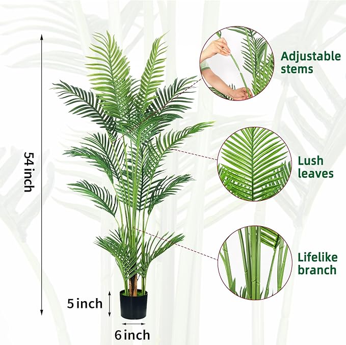 4.5FT 2Packs Artificial Palm Tree,Faux Areca Palm Plant with Real Touch Leaves and Adjustable Branches,Fake Tropical Palm Tree for Home Office Indoor Outdoor Modern Decoration