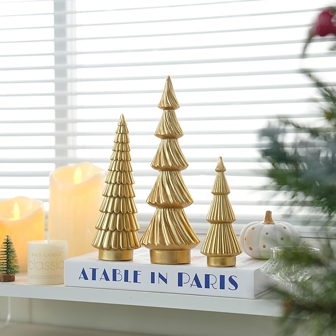 Gold Christmas Trees Small Resin Christmas Tree Figurines, 3Pcs Decorative Tabletop Trees for Xmas Decorations Indoor Mantel Centerpiece