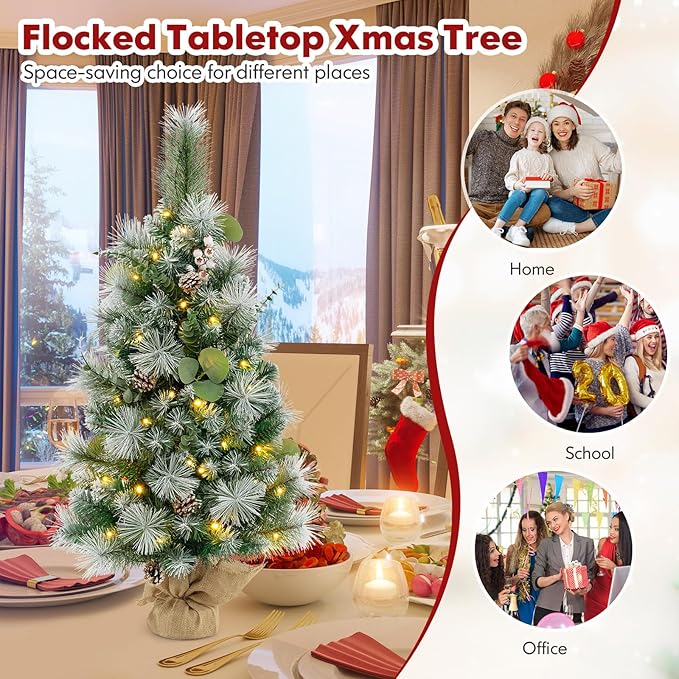 HAPPYGRILL 3 FT Tabletop Artificial Christmas Tree Set of 2, Fake Tree with Pine Needles, Eucalyptus Leaves, Pine Cones, White Berries, Green Xmas Tree with 30 Warm White LED Lights