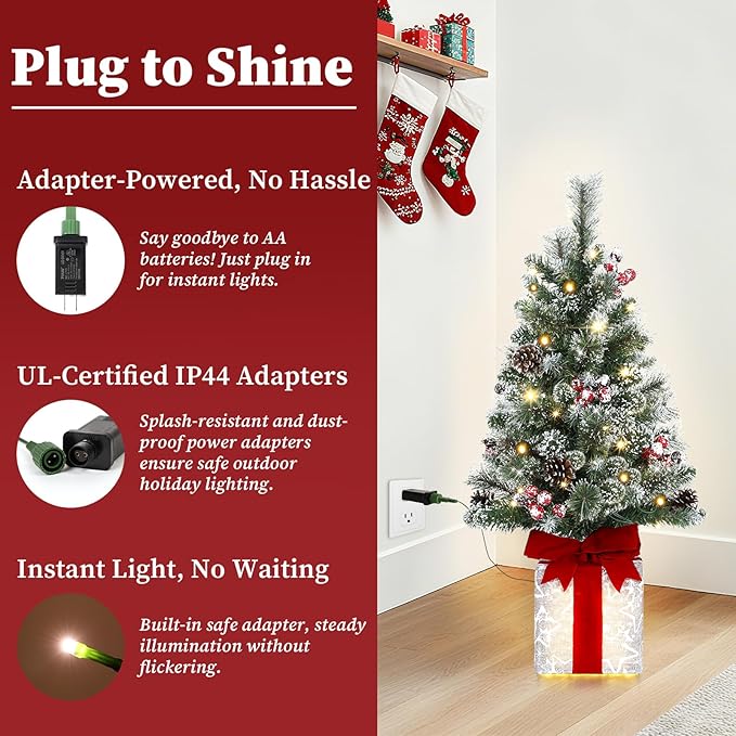Brightever 3FT Small Christmas Tree, Pre-lit Artificial Mini Christmas Trees with 60 Warm White LED Lights and Unique Gift Box Base, Plug in Outdoor Flocked Xmas Trees for Porch, Tabletop, Green