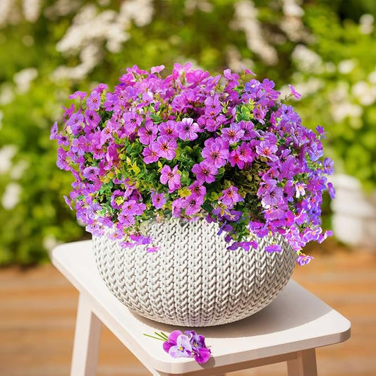 16 Bundles Artificial Flowers for Outdoors ,No Fade UV Resistant Realistic Purple Silk Daisy Fake Eucalyptus Summer Plants for Indoor Decoration Outside Planter Porch Home Garden Window Box Decor