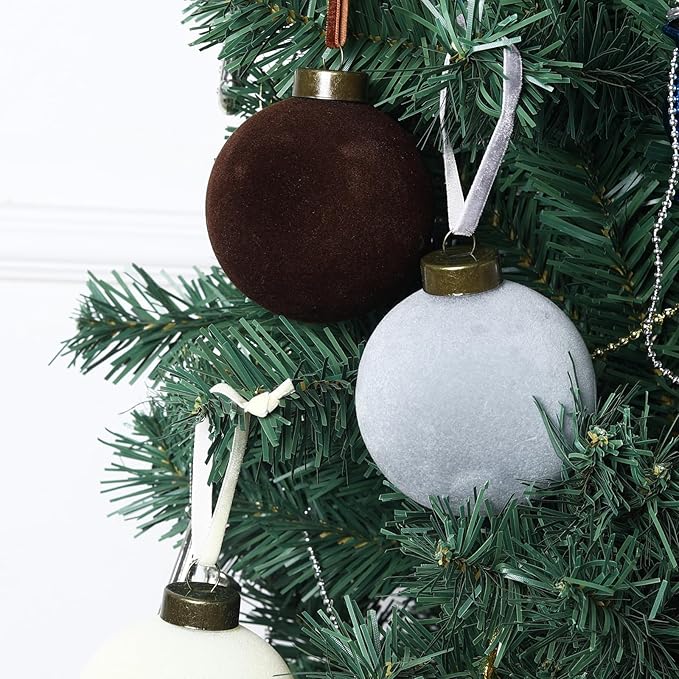 24 Pcs Velvet Christmas Balls Bulk Shatterproof Plastic Christmas Tree Decorations for Decorative Hanging Baubles (24, Coffee、White、Haze Blue、Beige、Blackish Green、Khaki, 2.36Inch)