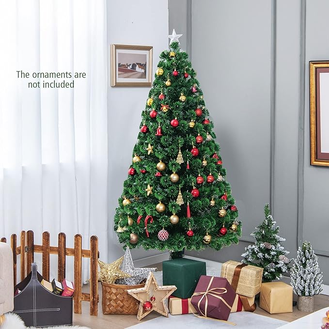 HAPPYGRILL 6FT Pre-Lit Fiber Optic Christmas Tree with Colorful LED Lights, 8 Lighting Modes, 230 Branch Tips, Foldable Metal Base, Pre-Lit Xmas Full Tree Decor for Office Home