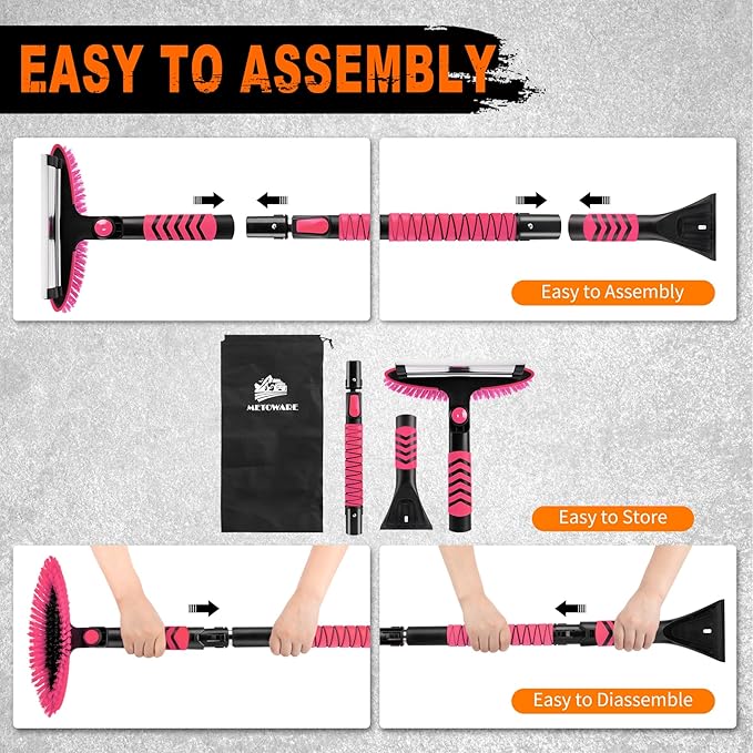 METOWARE 44'' Snow Brush and Ice Scrapers for Car Windshield, Extendable Snow Brush for Car with Ergonomic Foam Grip and 360° Pivoting Brush Head for Car SUV Truck Pink