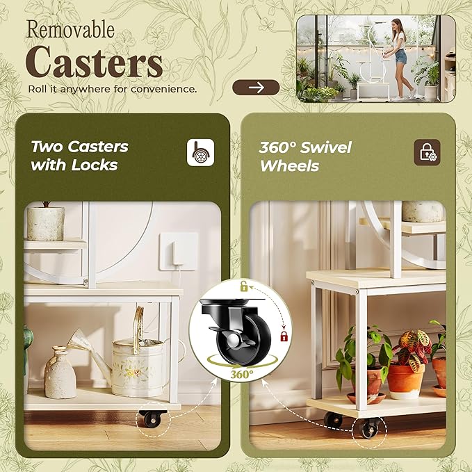 PRAISUN 65 Inch Plant Stand with Grow Light, 9 Tiered Indoor Plant Shelf with Larger Flower Holder, Music Note-shaped Stand with Top Ring Hook , Corner Plant Rack for Living Room, White