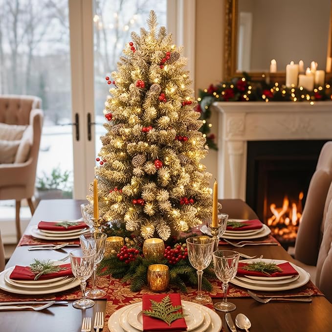 3FT Pre-lit Tabletop Christmas Tree, Mini Small Flocked Christmas Trees with 9 Modes LED Lights, Pine Cones & Berries, Battery Operated with Timer, for Home Office Desk Decor