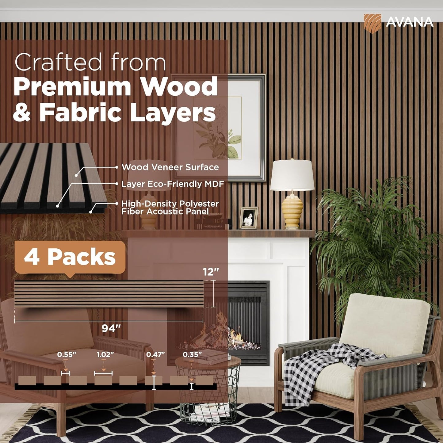 Avana Acoustic Wood Wall Panels – 94.4 x 12.6 Inch Smoke Walnut Acoustic Panels 4 PCs – Wall Panels For Interior Wall Decor For Homes, Offices, Studios – Pleasing Wood Panels For Wall