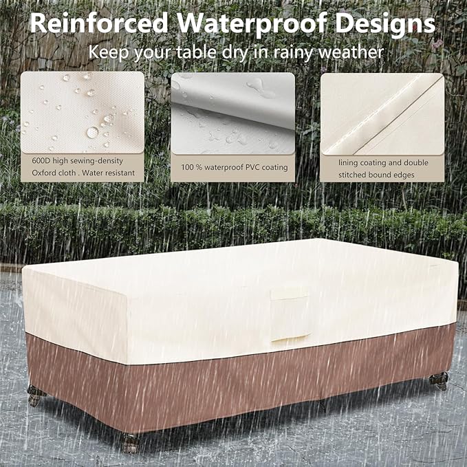 okcool Outdoor Coffee Table Cover,Waterproof Rectangular Patio Small Side Table Cover,48 x 28 x 16 inch, Outdoor Table Covers Waterproof Rectangle,Beige & Brown