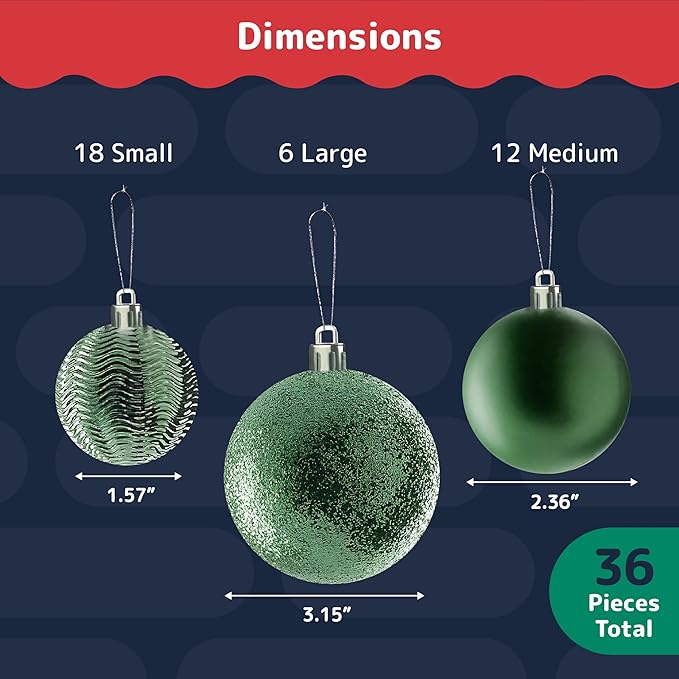 Prextex Christmas Tree Ornaments - Emerald Green Christmas Ball Ornaments Set for Christmas, Holiday, Wreath & Party Decorations (36 pcs - Small, Medium, Large) Shatterproof, 3 Size Combo