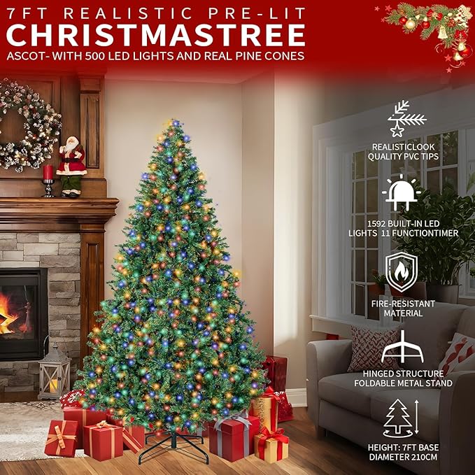 7FT Christmas Tree with Lights,Artificial Christmas Tree with 500 LED Lights and 1592 Branch Tips,Xmas Tree with Foldable Stand Perfect for Indoor&Outdoor,Christmas Decoration for Party by DNKMOR