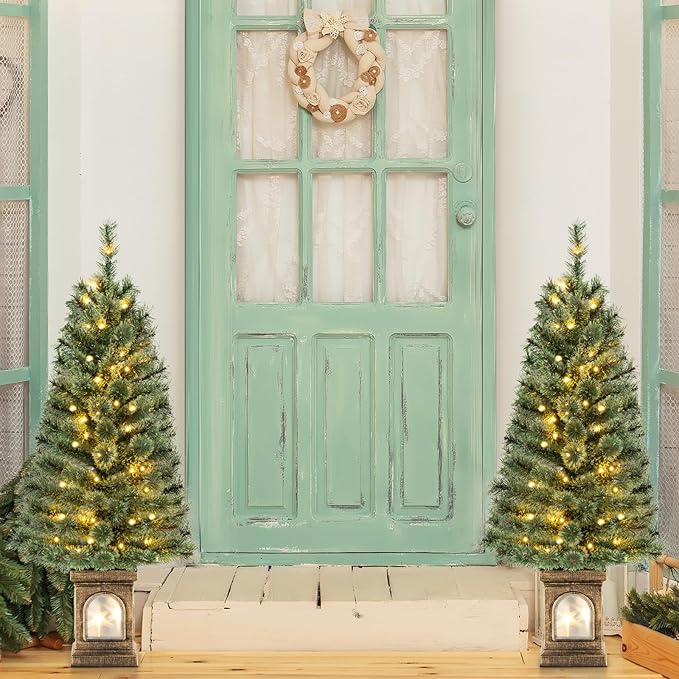 GOFLAME 4FT Pre-Lit Potted Christmas Tree Set of 2, Artificial Entrance Xmas Tree with 100 LED Lights, 116 Branch Tips, Pine Needles, Timer, Holiday Decoration Tree with 3 Lighting Modes, 4 Brightness