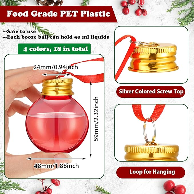 Patelai 36 Pcs Christmas Drink Balls Shot Glass Ornament Plastic Fillable Christmas Tree Ornaments Xmas Water Bottle Bulbs for Holiday Party Indoor Outdoor (Colorful)
