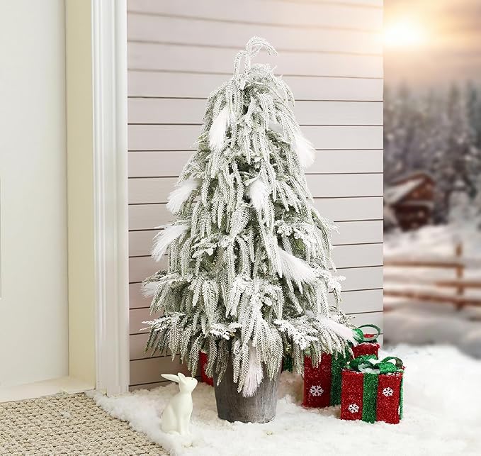 LuxenHome 4FT Unlit Flocked Christmas Tree, Small Potted Christmas Trees with Downswept Branches and Feather Accents, White Snowy Finish Stylish Faux Artificial Trees for Outdoors Holiday Decorations
