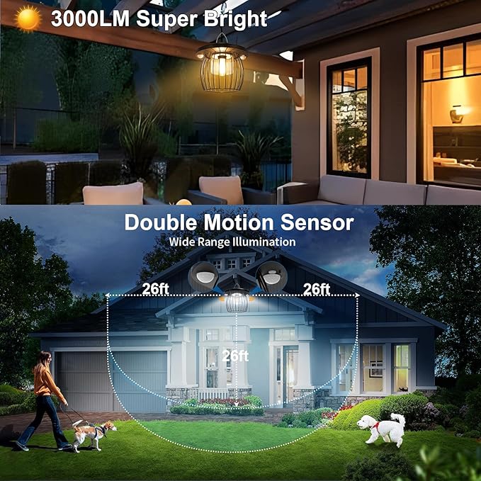 Solar Shed Lights with 2 Motion Sensors, Classic Metal Solar Chandelier Outdoor with 5 Lighting Modes, Waterproof Pendant Lamp with Remote Control for Barn, Gazebo, Garden, Patio(16.4FT Cord)