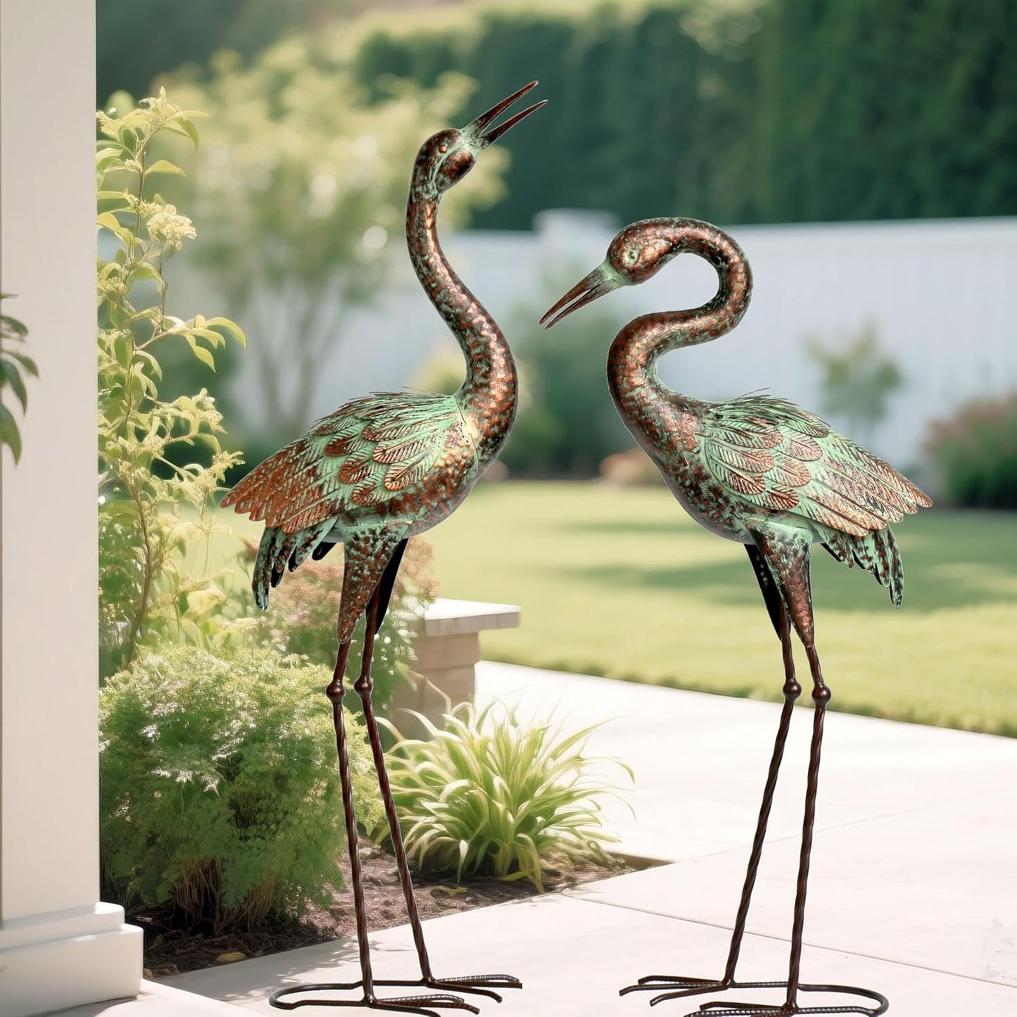 Shorayn Garden Crane Statues, Blue Heron Sculptures for Outdoor, Cranes Decor Metal Bird, Patina Garden Art Lawn Ornaments for Yard Patio Porch Outside Decorations