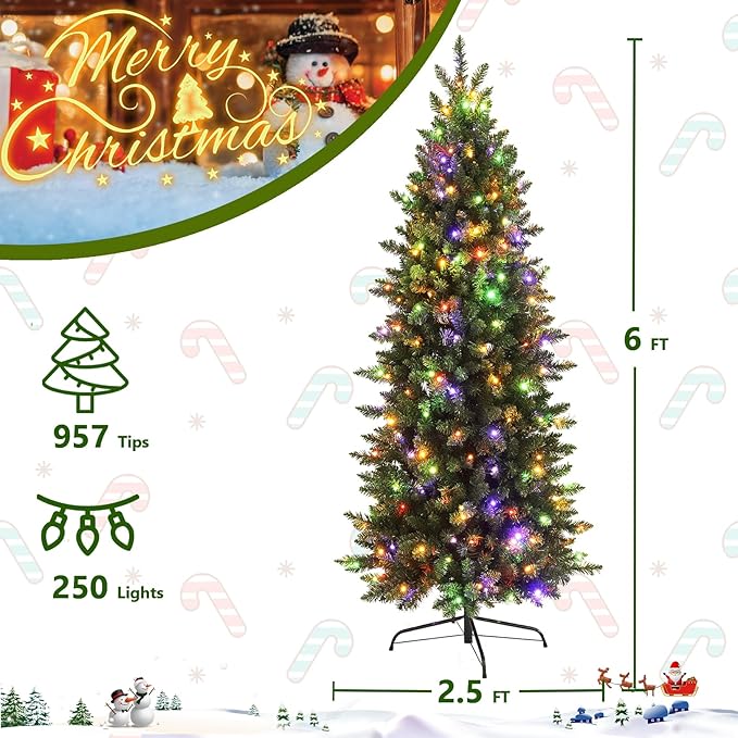 Himimi Pre-Lit Christmas Trees Slim Fraser Fir Artificial Tree with Multicolor LED Lights, Layered Brach Tips Noble Holiday Décor, Foldable Metal Stand & Protective Foot Caps, 6 Foot