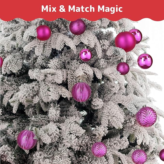 Prextex 36-Pieces Fuchsia Pink Christmas Ornaments Set - Shatterproof, Festive Christmas Balls Decorations in 3 Sizes and 6 Styles with Hanging Loops for Tree, Wreath, and Dazzling Holiday Party Decor