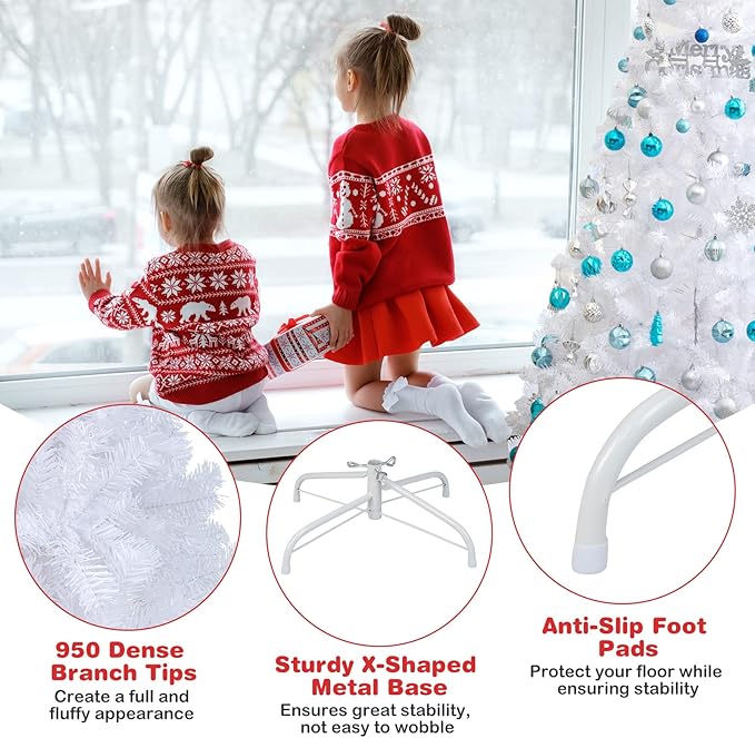 Happygrill 7 Feet White Christmas Tree Artificial Xmas Tree with Solid Metal Stand White Christmas Pine Tree for Indoor Outdoor Decoration