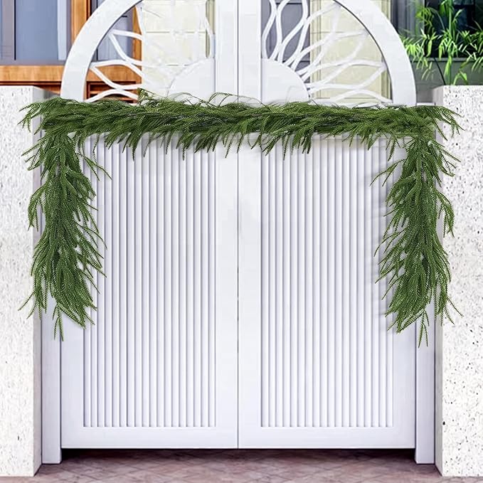 9FT Norfolk Pine Garland Christmas Dense Winter Pine Garland Green Artificial Faux Greenery Real Touch Garlands for Mantle, Wall, Table, Home Xmas Holiday Decor (1)