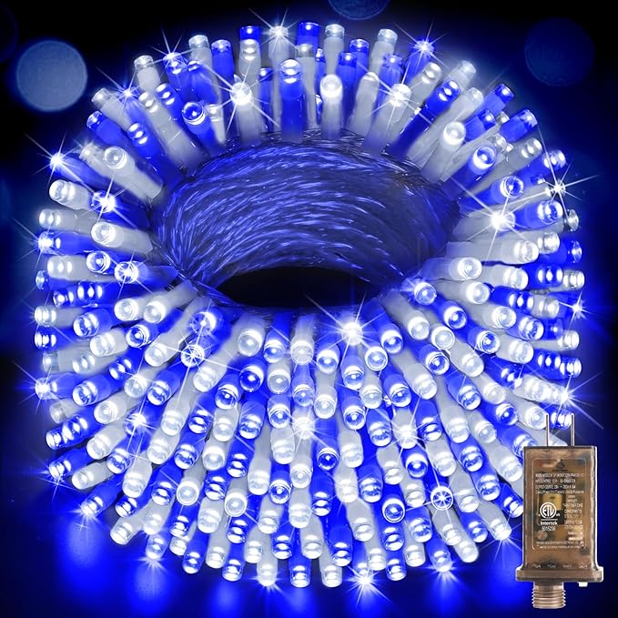 Hezbjiti 1000 LED 403 FT Christmas String Lights Outdoor, 8 Lighting Modes IP44 Waterproof Fairy Lights with Timer and Dimmable Function for Home Party Tree Decorations (Blue+White, Clear Wire)