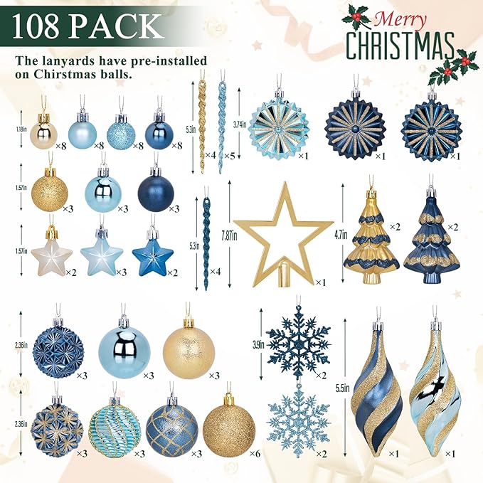 108 Pcs Christmas Ball Ornaments Set, Blue and Gold Shatterproof Hand-Painted Hanging Bulbs Decoration for Xmas Tree, Wreath, Garland, Home Holiday Decor