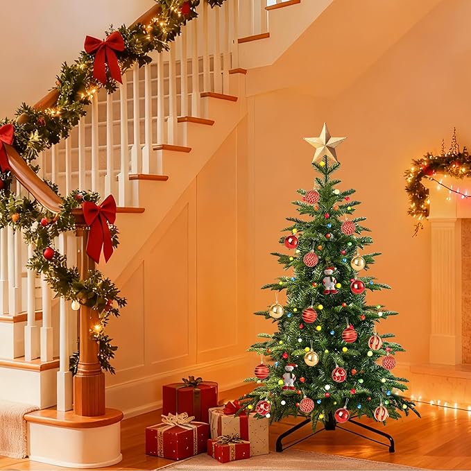 4Ft Prelit Artificial Christmas Tree, Lighted Aspen Fir Christmas Tree with Multicolor Global Lights and Metal Stand, Slim PE & PVC Mixed Layered Xmas Tree for Holiday Home Decor