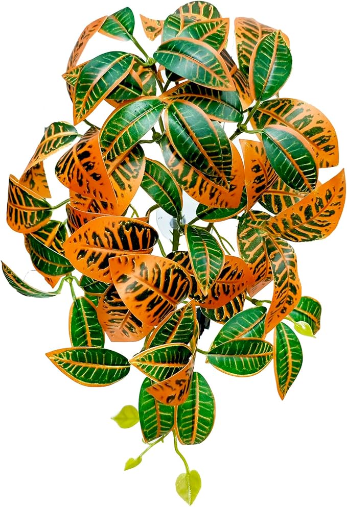 Woyrise Reptile Plants, Terrarium Hanging Plant Vines, Artificial Leaves with Suction Cup, Bearded Dragon Tank Accessories for Gecko Lizard Snake Frog Tortoise Decorations - Codiaeum Variegatum