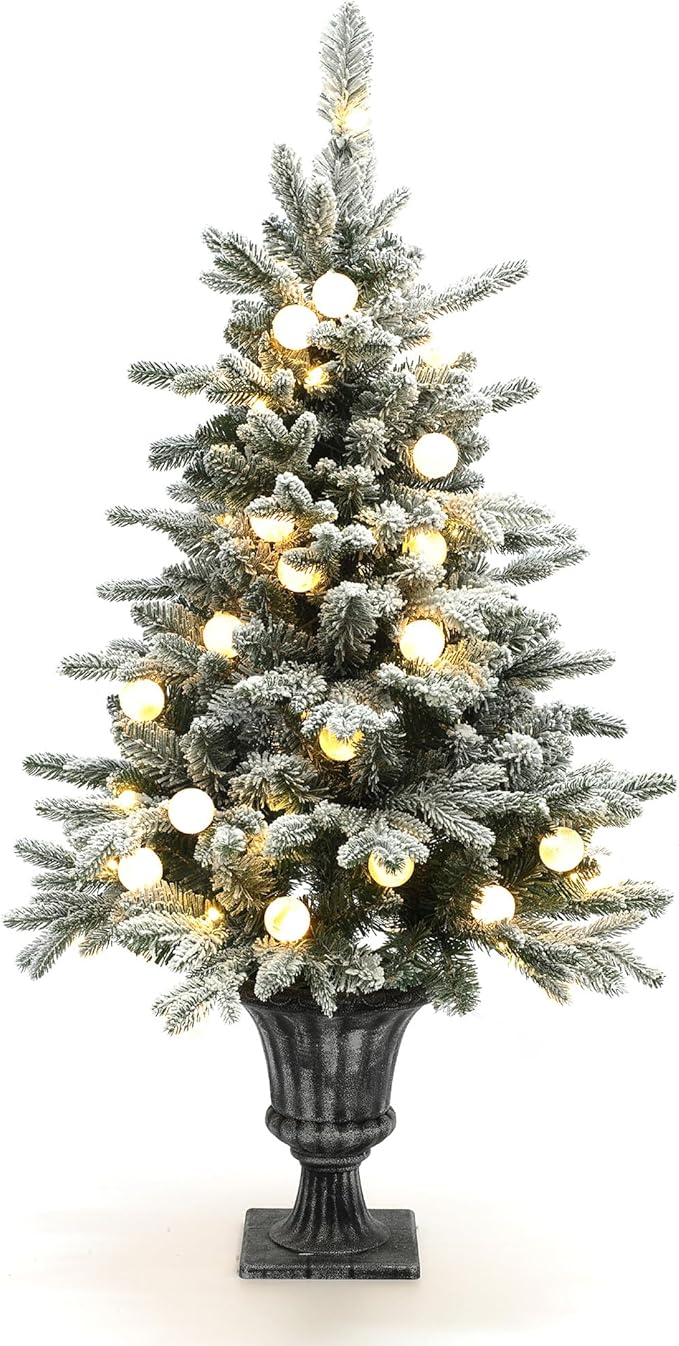 LuxenHome 4FT Small Potted Christmas Tree, Flocked Christmas Tree with 70 LED Globe Lights, Prelit Artificial Xmas Trees with Rustic Urn Pot, Lighted Pine Tree for Indoor, Outdoor Holiday Display