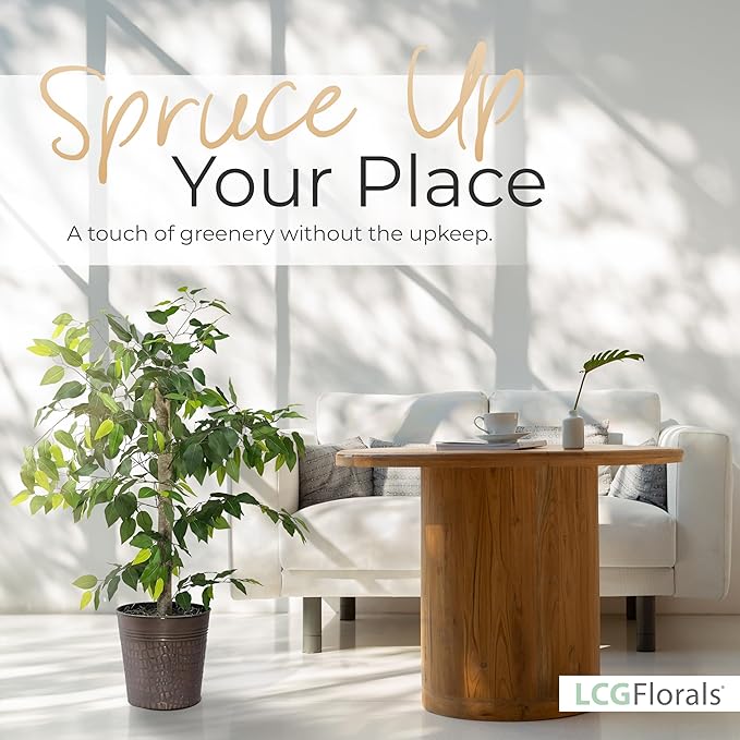 4ft Artificial Plant with Copper Metal Pot and Real-Wood Trunk - Realistic Artificial Trees for Home Decor Indoor, Faux Ficus Tree