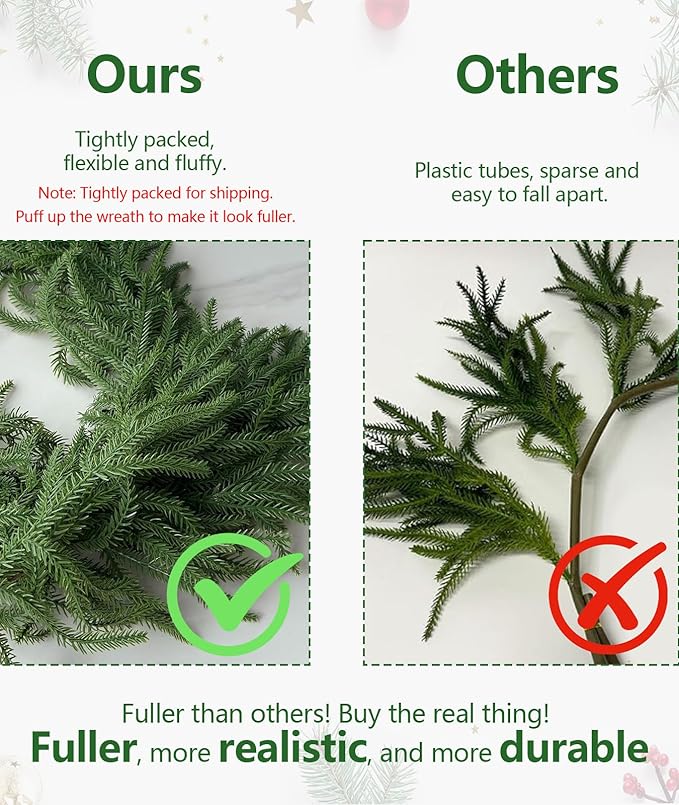 Christmas Garlands Norfolk Pine Garland Real Touch Artificial Faux Greenery Garland for Holiday Table Mantle Wall Indoor Outdoor Decor (6FT)