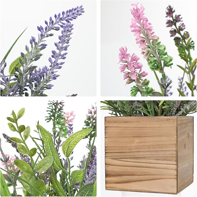 DILATATA Rustic Lavender Flowers Artificial Lavender Decor Fake Lavender Plant in Wooden Pot Faux Plants for Home Bathroom Table Centerpieces Wedding Decor Potted Lavender Flower Purple Decor