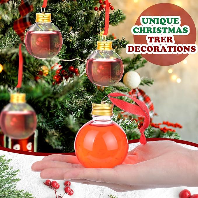 Patelai 18 Pcs Christmas Drink Balls Clear Shot Glass Ornaments Xmas Tree Fillable Ornaments Plastic Xmas Water Bottle Bulbs for Holiday Party Decorations(Round,100 ml)