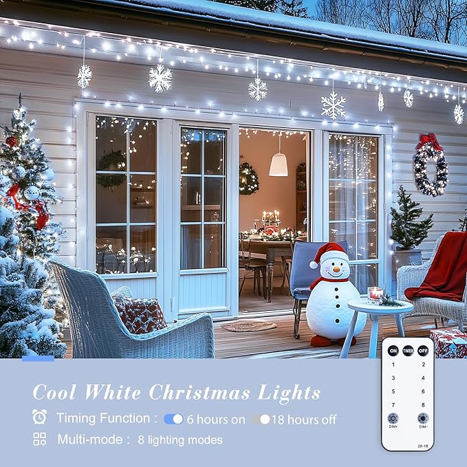 JMEXSUSS Christmas Lights, 8 Modes Waterproof Christmas Light Outdoor Plug in, Clear Wire String Lights Indoor Bedroom 720LED 230 FT White