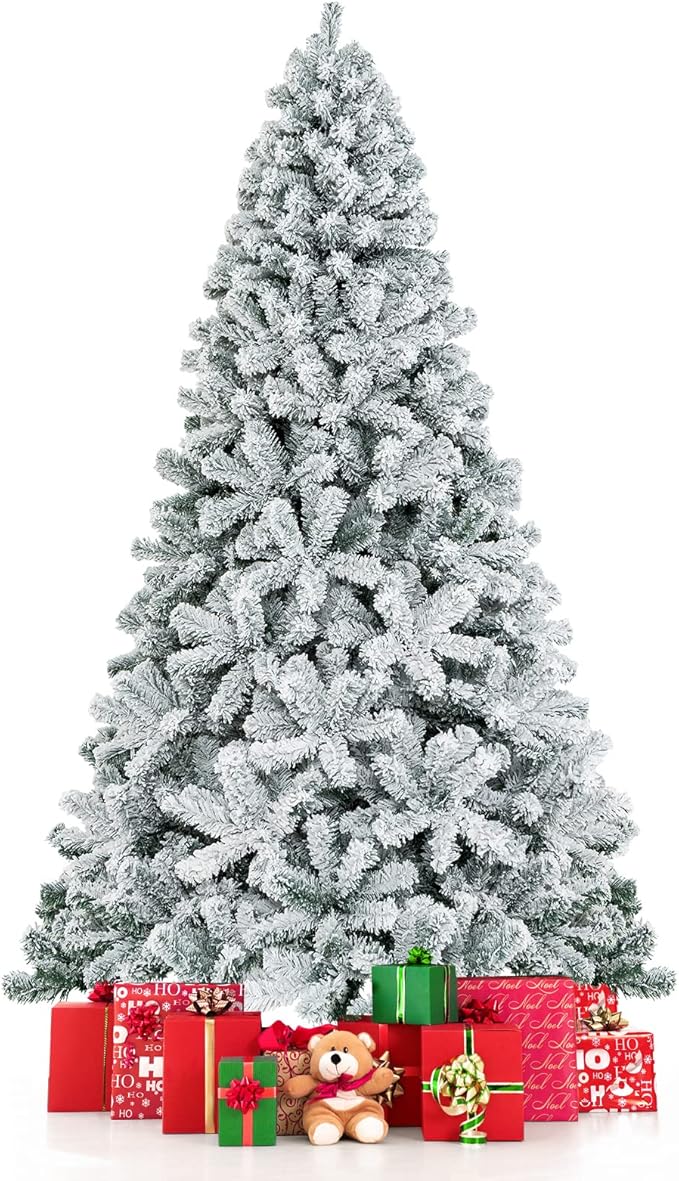 COSTWAY 7.5 FT Snow Flocked Christmas Tree, Artificial Holiday Hinged Pine Tree with 1010 Branch Tips, Solid Metal Stand, Premium Xmas Full Fake Tree for Home, Office, Party Decoration