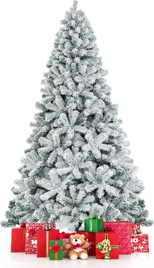 COSTWAY 7.5 FT Snow Flocked Christmas Tree, Artificial Holiday Hinged Pine Tree with 1010 Branch Tips, Solid Metal Stand, Premium Xmas Full Fake Tree for Home, Office, Party Decoration
