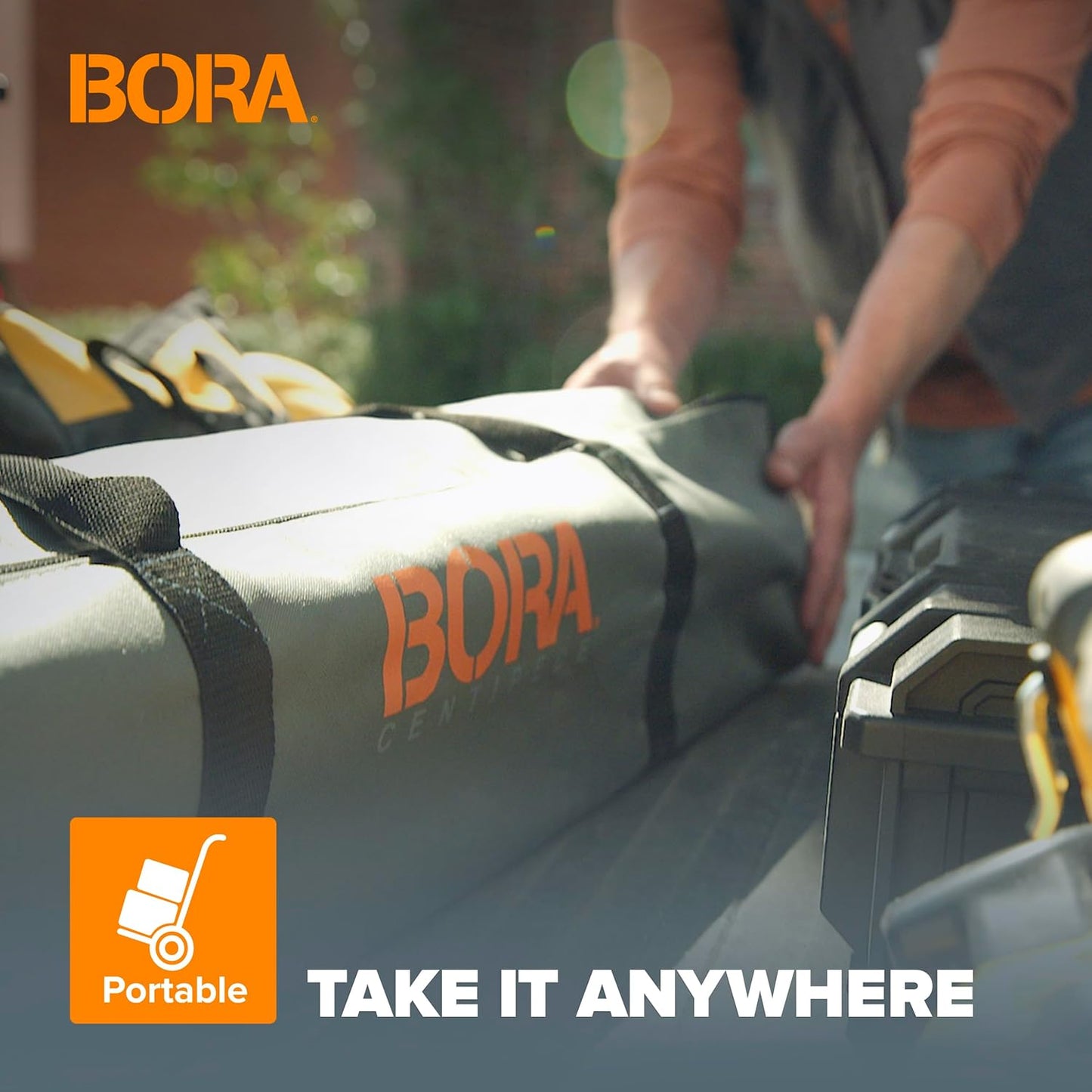 Bora Centipede 30in Folding Work Table Set - No Assembly 9-Strut Collapsible Table 3500lb Weight Limit - 4x4ft Mobile Work Station with Storage Bag, Foldable Work Bench Table - CK9S, Orange/Black