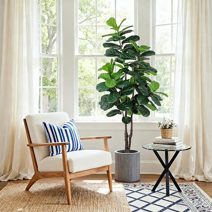 Fiddle Leaf Fig Tree Artificial Plants Indoor - 6ft Realistic Fake Plants Ficus Lyrata Trees, Faux Trees Indoor Floor Plant for Home Decor Living Room Office Christmas Housewarming Gifts