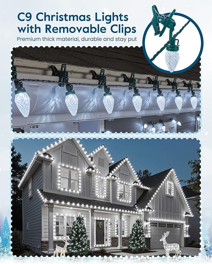 C9 Christmas Lights Outdoor with 100 Spring Clips 81FT 100 LED, C9 String Lights Waterproof Connectable Commercial Grade for Outside House Roof Patio Garden Yard Outdoor Christmas Decorations, White