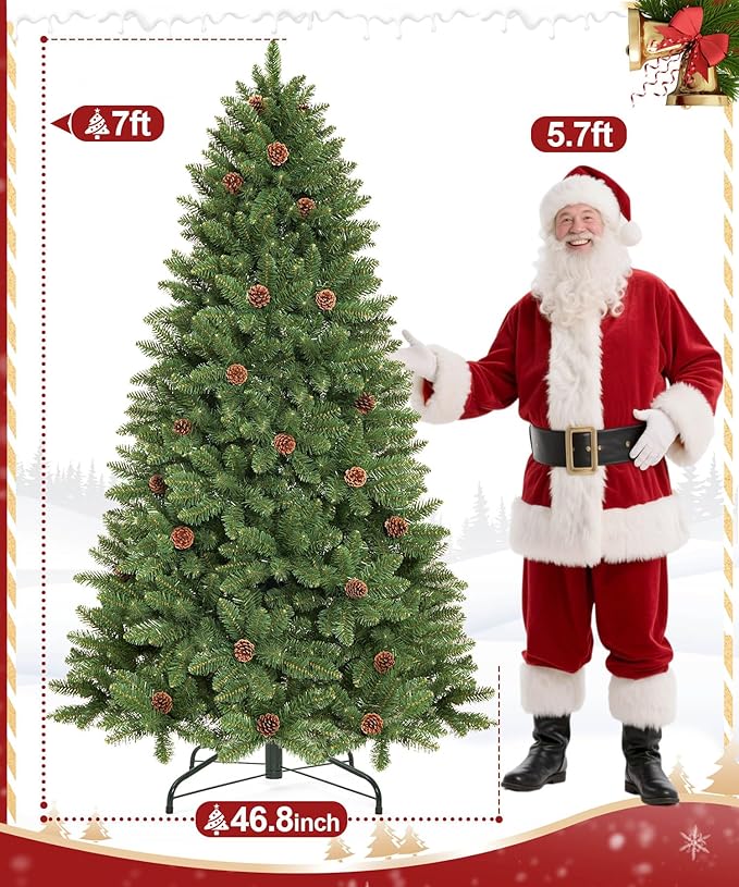 Decoway 7FT Artificial Christmas Tree: Unlit Green Xmas Pine with Pinecones and Metal Stand for Indoor - Holiday Decoration for Porch Living Room Easy Assembly