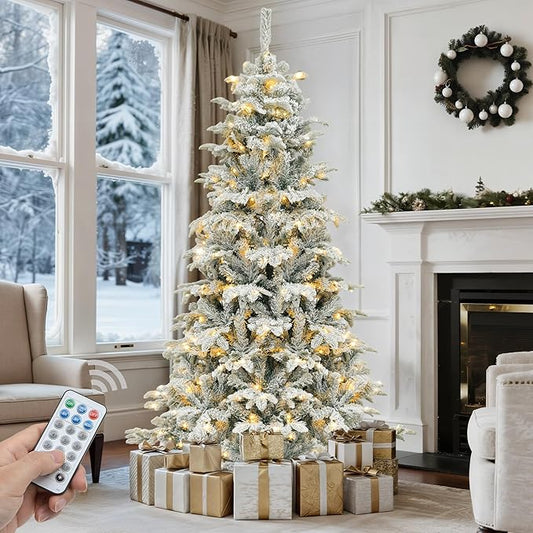 GOOBED 6.5 ft Prelit Snow Flocked Christmas Tree, Layered Spruce Christmas Tree w/ 760 Thickened Branch Tips, 350 Lights and Remote for Home, Office, Restaurant & Commercial Events, White Flocked
