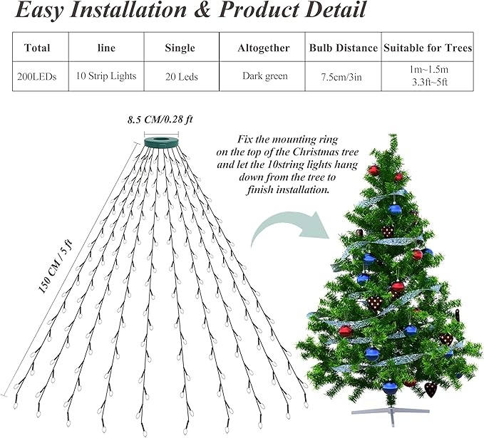 Christmas Tree Lights String, 200LED Christmas Lights for Tree with 8 Light Modes & Memory Function, 5FT x 10 String Lights with Timing & Remote Control for Xmas Holiday Decorations - Cold White