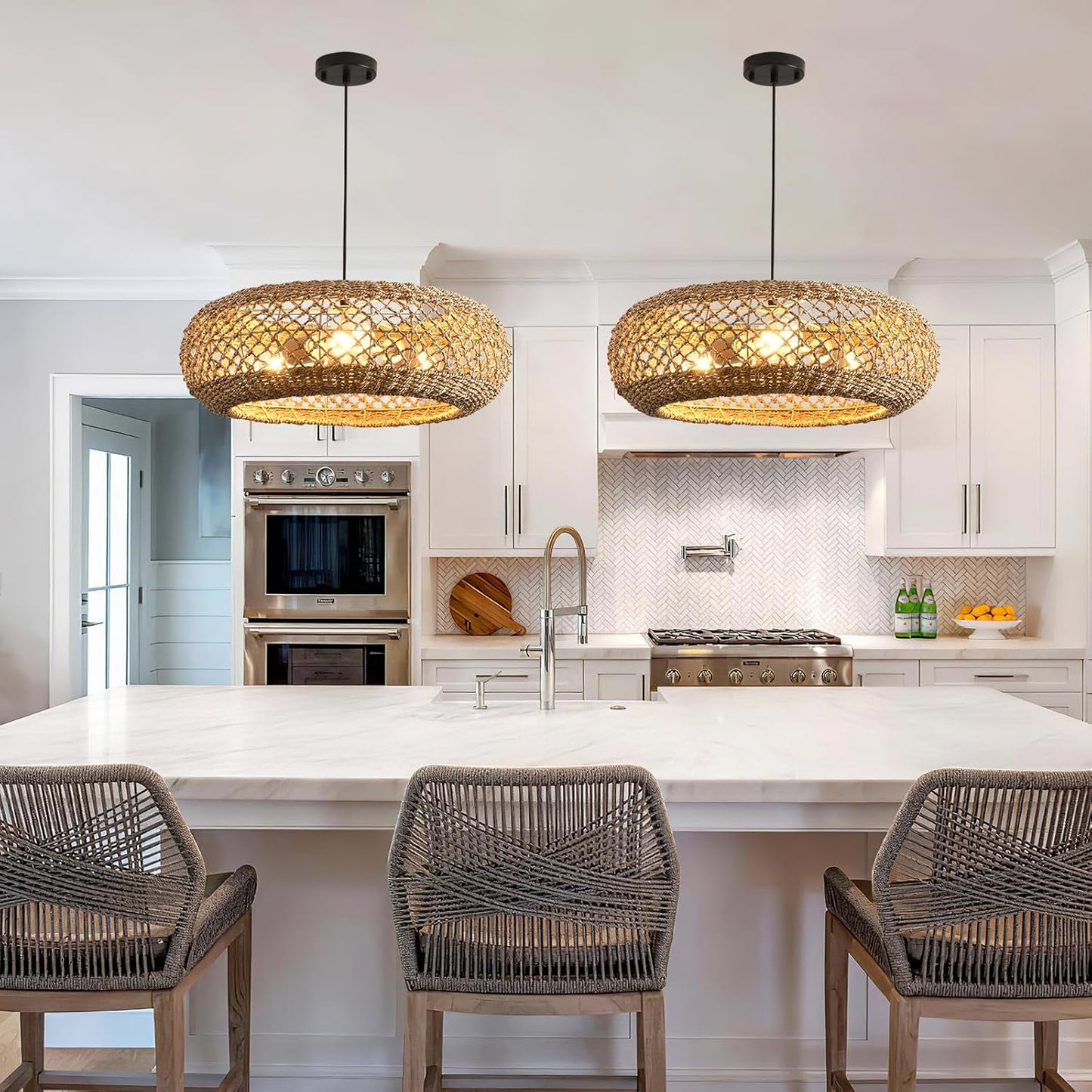 20.1" Large Rattan Chandelier, 3 Light Hanging Light, Boho Wicker Pendant Lighting, for Kitchen Island, Bedroom, Dining Room, Entryway, Foyer