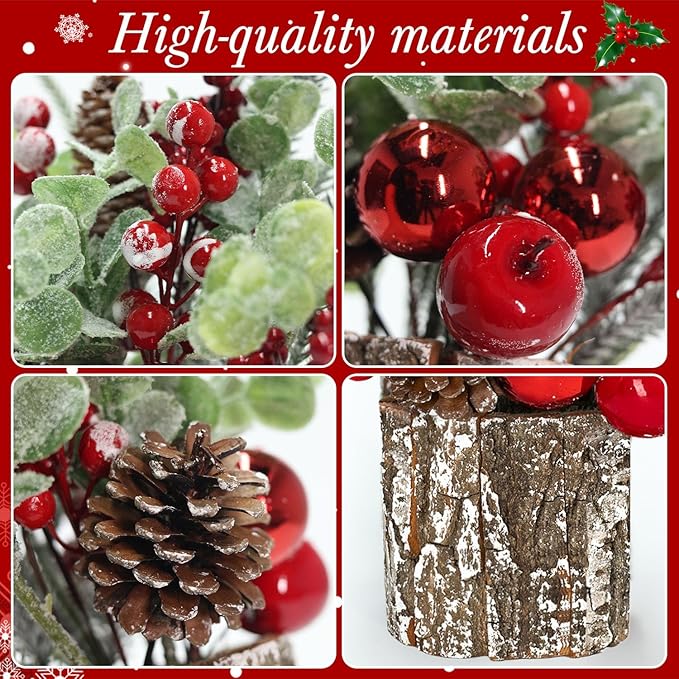 Small Christmas Tree for Tabletop, Artificial Mini Christmas Tree Decorations with Red Berry Pine Cone Pine Picks, Xmas Ornaments Indoor Home Holiday Decor (1 Pack)