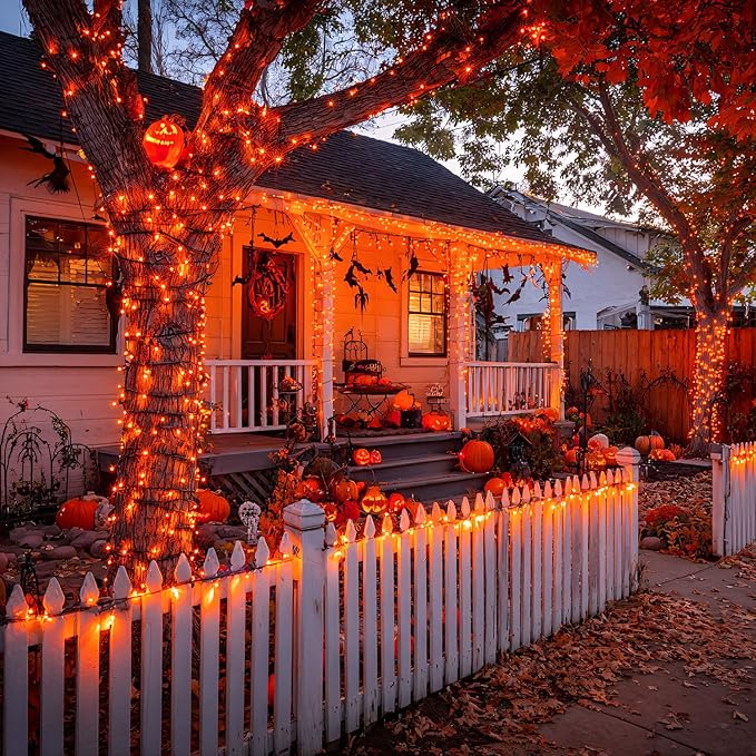 JMEXSUSS 600 LED Orange Solar Halloween Lights, 206.7 ft Solar String Lights Outdoor Waterproof, 8 Modes Orange String Light for Outside Tree Patio Bushes Halloween Decorations