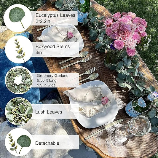 Ouddy Decor 2 Pack Eucalyptus Garland Total 13.1 Ft Lush Silver Dollar Leaves Boxwood Artificial Faux Greenery Vines for Baby Shower Wedding Party Table Runner Room Home Mantle Decor