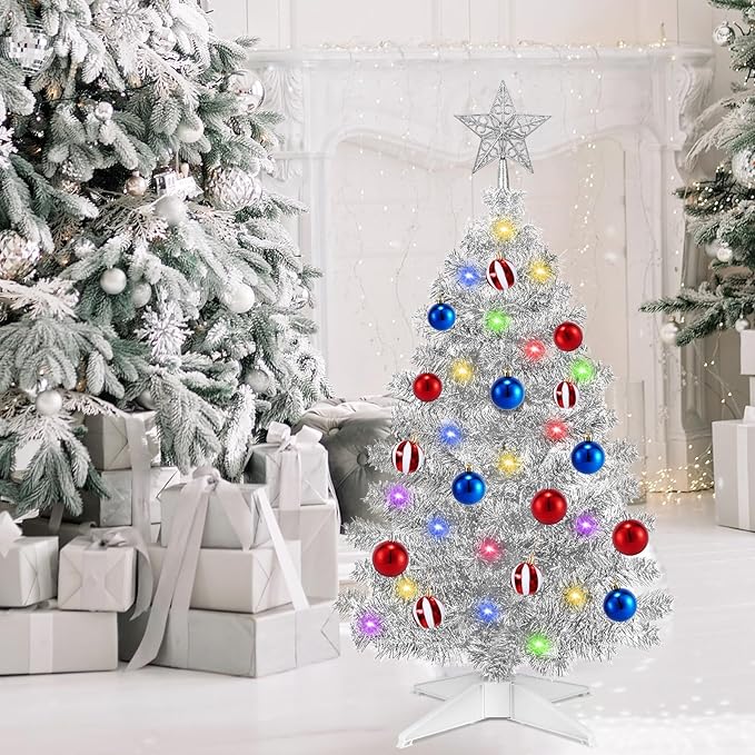 [ Timer & 12 Modes ] 3 Ft Sliver Christmas Tree with DIY 50 Warm White & Multi Color Lights 15 Ball Ornaments 3D Star Remote Control Battery Operated Pencil Full Tree Xmas Christmas Decorations Table
