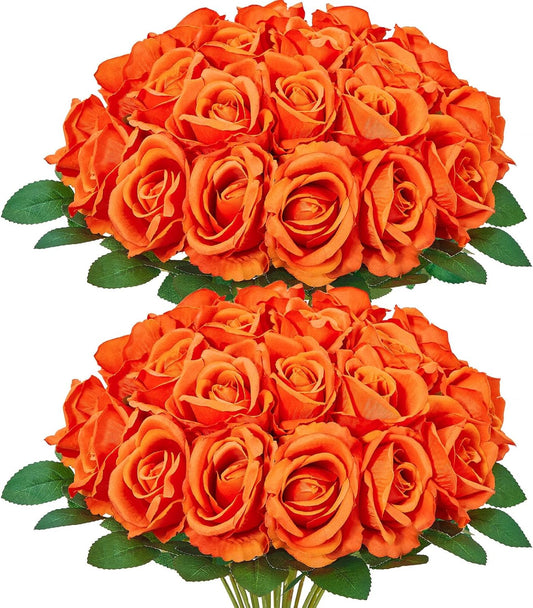 Serwalin 30pcs Artificial Roses Flowers, Orange Fake Roses with Long Stems Realistic Silk Roses for Wedding Bridal Bouquet Arrangement Centerpieces Party Home Decor
